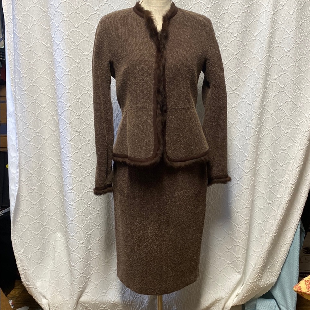 Brown Knit Peplum Skirt Set with Faux Fur Trim